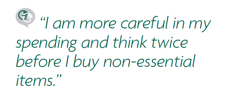 A survey respondent quote that says, I am more careful in my spending and think twice before I buy non-essential items.