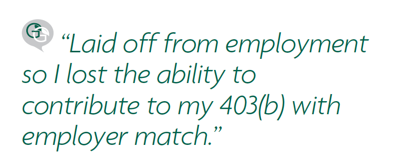 A survey respondent quote that says, Laid off from employment so I lost the ability to contribute to my 403(b) with employer match.