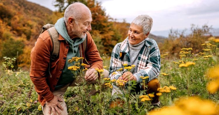 A retired couple look at flowers together.